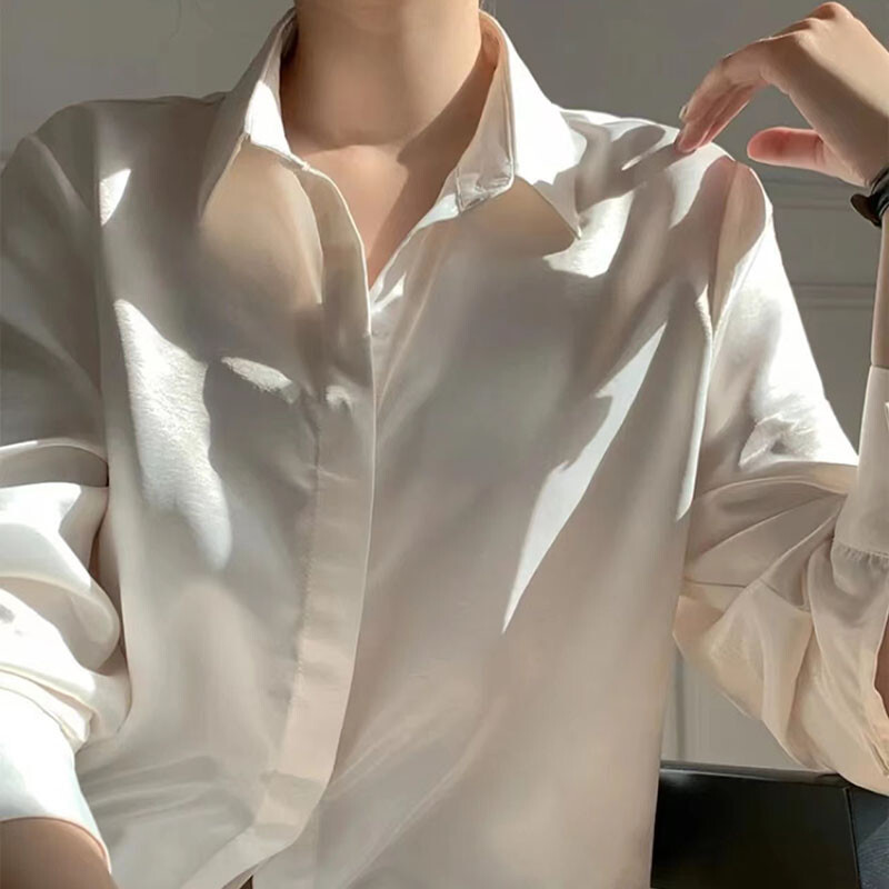 Lucyever balti imitācijas satīna krekli sievietēm korejiešu eleganti apkakles zīda biroja dāmu blūze vienkrāsains pogas augšā krekls