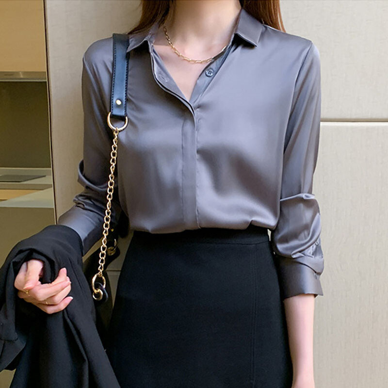 2024. gada rudens jauni satīna garās piedurknes, nolaižamās apkakles korejiešu versija, šampanieša krāsa, šifona kreklblūze, sieviešu topi Camisas C06