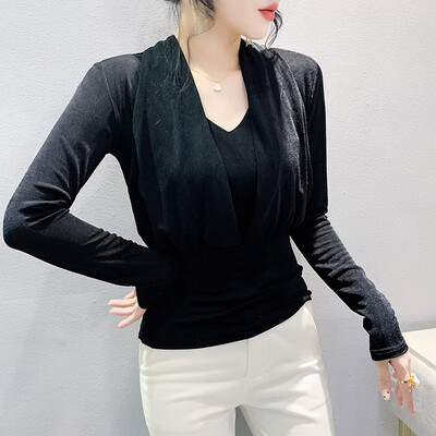 Rudens īsi ielu apģērbi T krekls Sieviešu garās piedurknes V kakla topi T krekls Sieviešu modes Augsti elastīgi, šauri pieguļoši topi