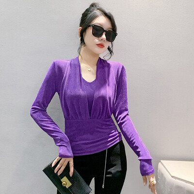 Rudens īsi ielu apģērbi T krekls Sieviešu garās piedurknes V kakla topi T krekls Sieviešu modes Augsti elastīgi, šauri pieguļoši topi