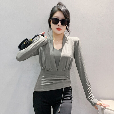 Rudens īsi ielu apģērbi T krekls Sieviešu garās piedurknes V kakla topi T krekls Sieviešu modes Augsti elastīgi, šauri pieguļoši topi