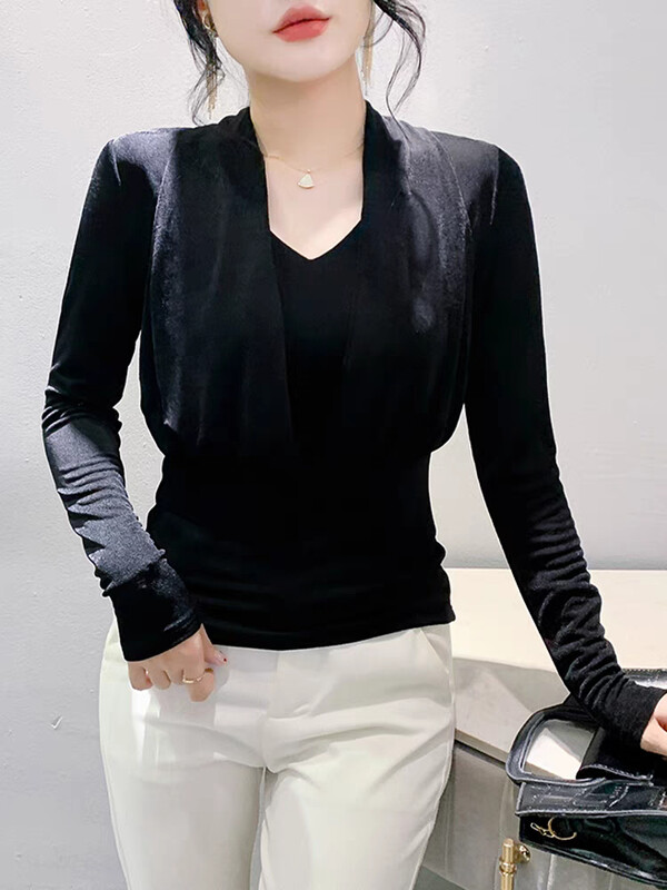 Rudens īsi ielu apģērbi T krekls Sieviešu garās piedurknes V kakla topi T krekls Sieviešu modes Augsti elastīgi, šauri pieguļoši topi