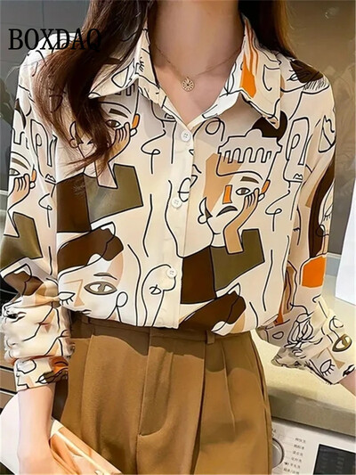 Jauni modes ikdienas krekli ar garām piedurknēm Sieviešu brīvi punktveida topi sieviešu pavasara blūzes ar atloku pogas Biroja jakas krekls