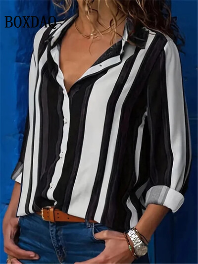 Jauni modes ikdienas krekli ar garām piedurknēm Sieviešu brīvi punktveida topi sieviešu pavasara blūzes ar atloku pogas Biroja jakas krekls