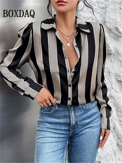 Jauni modes ikdienas krekli ar garām piedurknēm Sieviešu brīvi punktveida topi sieviešu pavasara blūzes ar atloku pogas Biroja jakas krekls