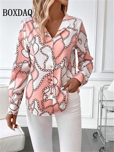 Jauni modes ikdienas krekli ar garām piedurknēm Sieviešu brīvi punktveida topi sieviešu pavasara blūzes ar atloku pogas Biroja jakas krekls