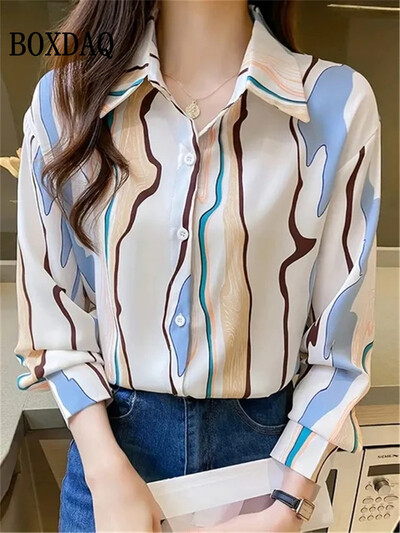 Jauni modes ikdienas krekli ar garām piedurknēm Sieviešu brīvi punktveida topi sieviešu pavasara blūzes ar atloku pogas Biroja jakas krekls