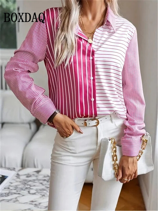 Jauni modes ikdienas krekli ar garām piedurknēm Sieviešu brīvi punktveida topi sieviešu pavasara blūzes ar atloku pogas Biroja jakas krekls