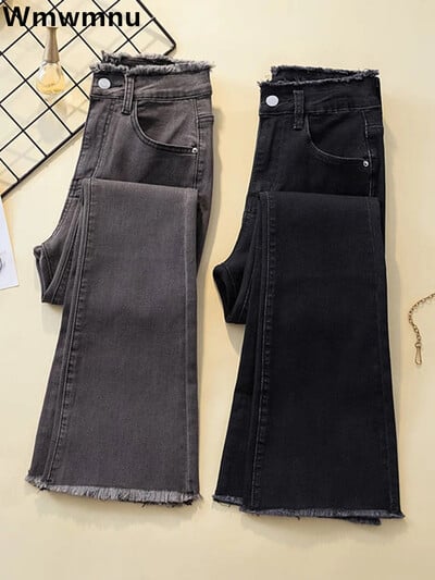 Primăvară vară Blugi evazați cu margini aspre femei cu talie înaltă ocazional pantaloni din denim până la glezne, mărimi mari, 4xl, elastici