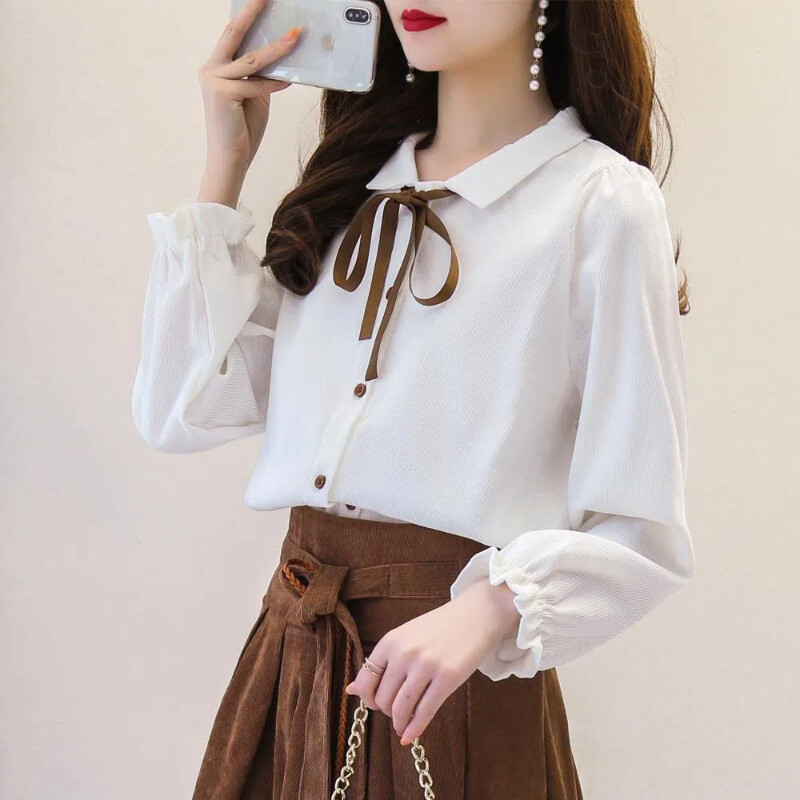 Preppy Style Vispārpiemērots jauniešu krekls, topi ar garām piedurknēm, vienkrāsains, mežģīņots vintage blūze pavasaris rudens jauns modes korejiešu sieviešu apģērbs