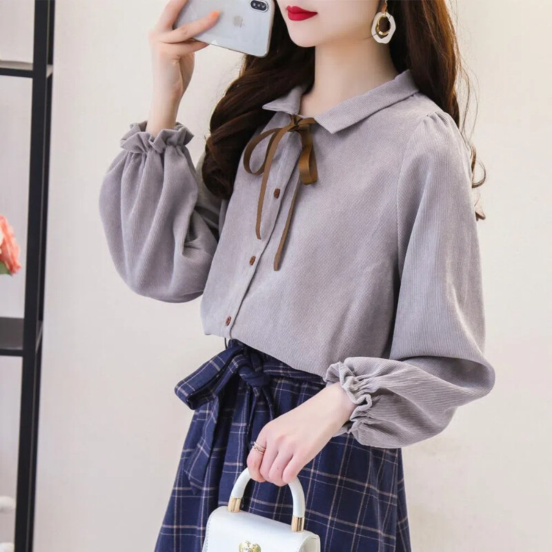 Preppy Style Vispārpiemērots jauniešu krekls, topi ar garām piedurknēm, vienkrāsains, mežģīņots vintage blūze pavasaris rudens jauns modes korejiešu sieviešu apģērbs