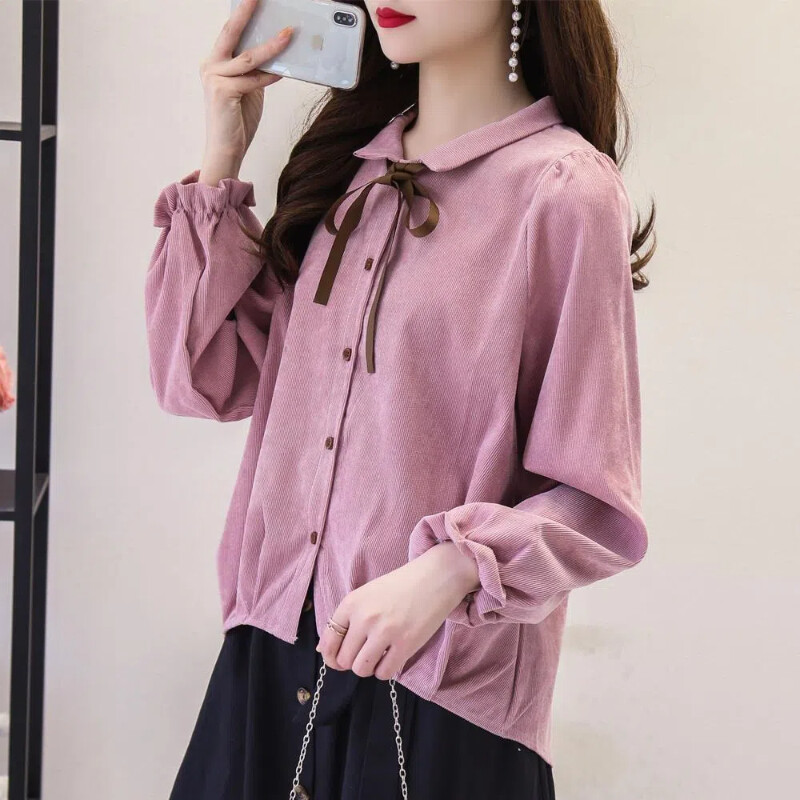 Preppy Style Vispārpiemērots jauniešu krekls, topi ar garām piedurknēm, vienkrāsains, mežģīņots vintage blūze pavasaris rudens jauns modes korejiešu sieviešu apģērbs