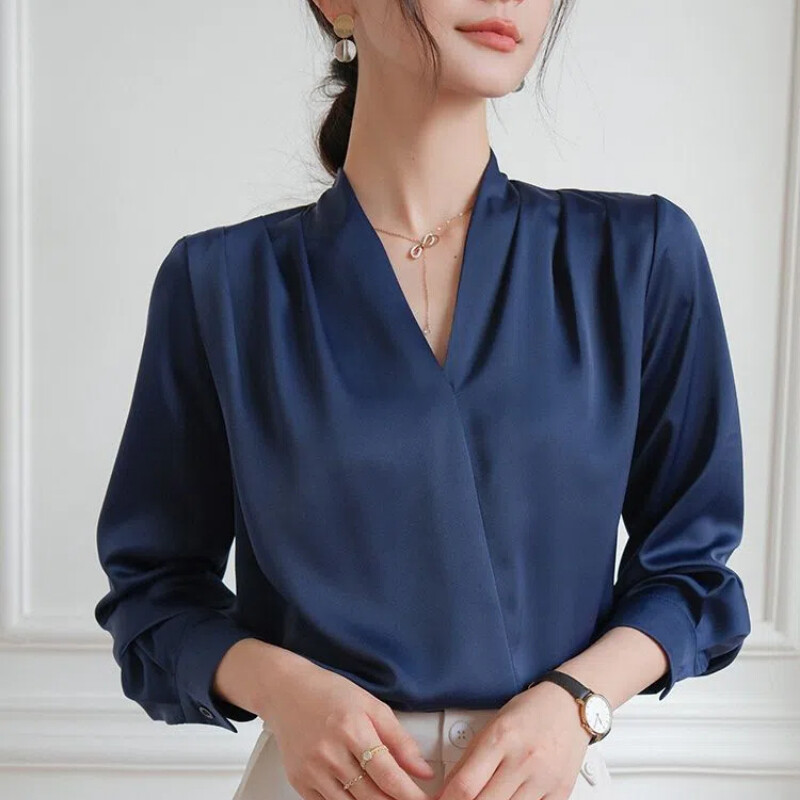 Pavasara rudens satīna krekls ar V-veida kakla izgriezumu Jaunas blūzes Sieviešu apģērbs Franču stils stils Vienkāršība Temperaments Vispārpiemēroti Y2K krekli