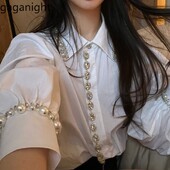 Gaganakts Sieviešu slaids Kakls Nail Pērlītes Puff Piedurknes Rhinestone Balts krekls 2024 Rudens Jauns Maigs Stils Dimanta Inkrustēts Tops