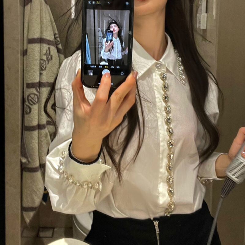 Gaganakts Sieviešu slaids Kakls Nail Pērlītes Puff Piedurknes Rhinestone Balts krekls 2024 Rudens Jauns Maigs Stils Dimanta Inkrustēts Tops