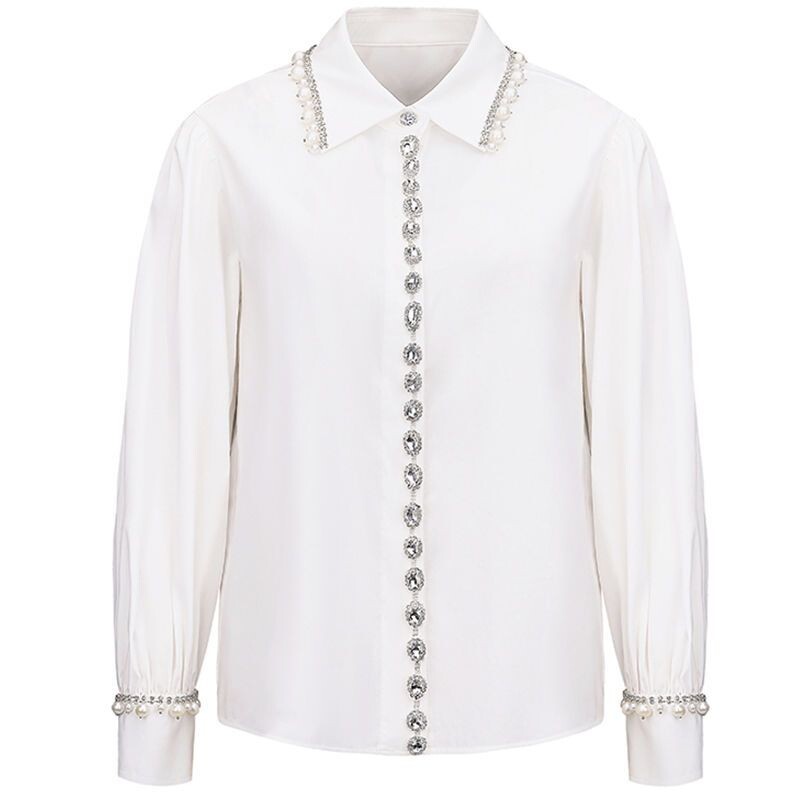 Gaganakts Sieviešu slaids Kakls Nail Pērlītes Puff Piedurknes Rhinestone Balts krekls 2024 Rudens Jauns Maigs Stils Dimanta Inkrustēts Tops