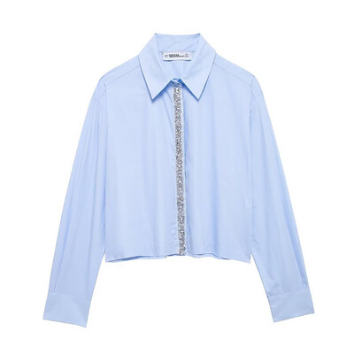 Дамска мода Willshela с диаманти, синя едноредна блуза, ретро деколте с дълги ръкави, женски шик дамски ризи
