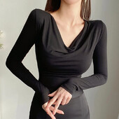 T krekls Sieviešu Apģērbs Korejiešu Stils Slaids T krekli Rudens Seksīgs V kakla izgriezuma Tkrekls Kokvilnas topi ar garām piedurknēm T krekls Femme Poleras Mujer