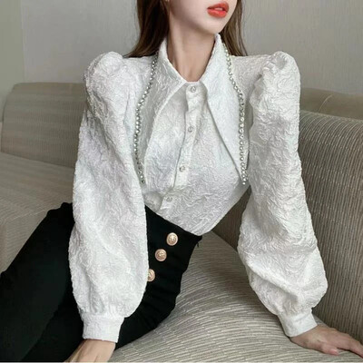 Elegáns Puff ujjú női fehér ing koreai elegáns jacquard alkalmi hosszú ujjú felsők tavaszi új hegyes gallérral irodai női blúz