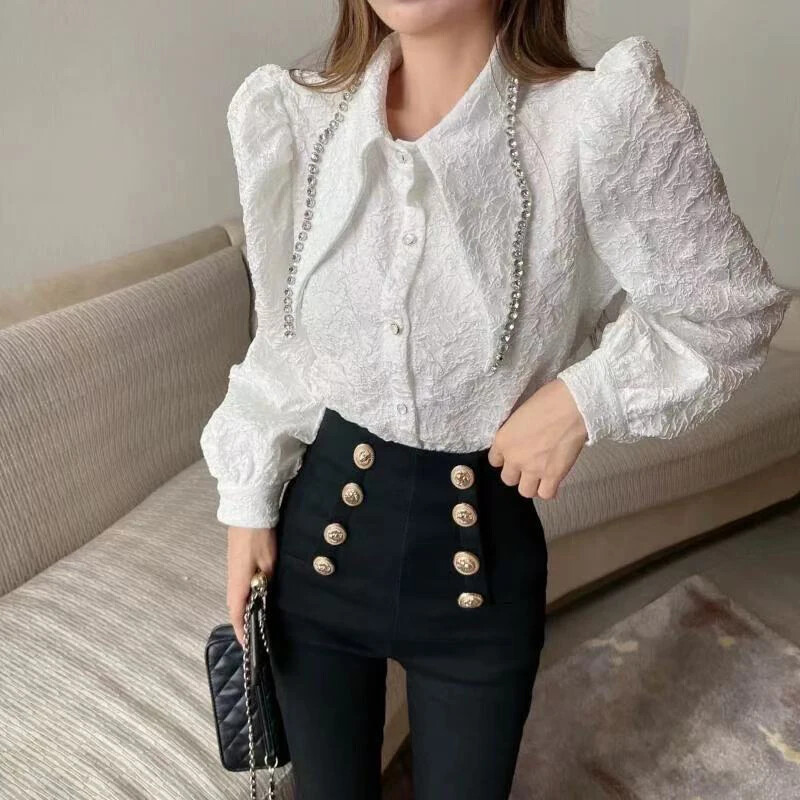 Elegantne puhvis varrukatega naiste valge särk Korea šikk žakaarvärvi vabaaja pikkade varrukatega topid Kevadel, uus terava kraega kontori daamipluus