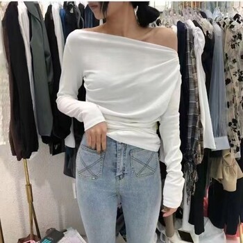 Slim Plain 2024 Off Shoulder Clothing Cotton Woman T-shirt Top για Γυναικεία Κόκκινη μπλούζα Ψηλή Προσφορά Young On Sale Original Emo O Tee