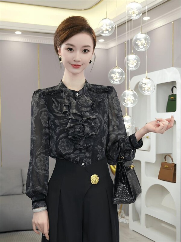 Krekls rudens sākumam, jauns sieviešu apģērbs, viegls, grezns, moderns, mazinošs Rietumu stila pelēks dizains, plāns tops ar garām piedurknēm