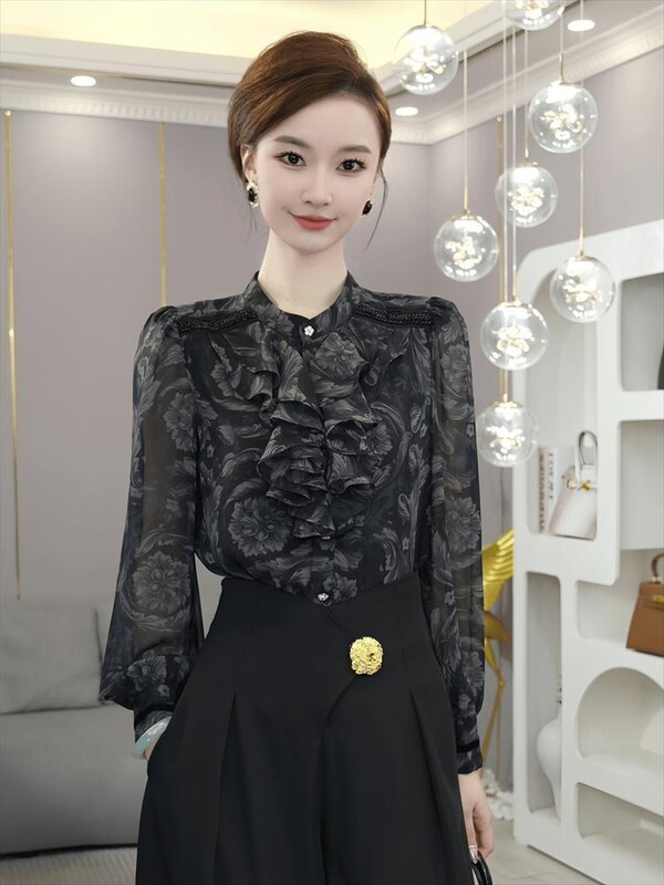 Krekls rudens sākumam, jauns sieviešu apģērbs, viegls, grezns, moderns, mazinošs Rietumu stila pelēks dizains, plāns tops ar garām piedurknēm