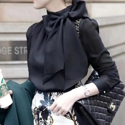 Дамски пролетно-лятен стил Шифонени блузи Ризи Lady Casaul С дълъг ръкав Бяла черна папийонка Яка Blusas Топове