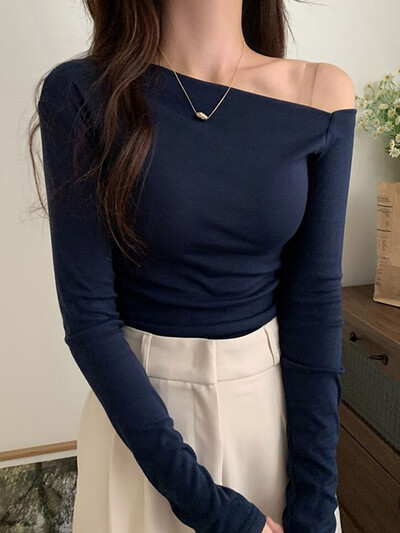 2024. gada T krekls Sieviešu garām piedurknēm no pleciem, Y2 k Vintage Topi Ielu apģērbi Korejiešu stila apgriezti topi rudens