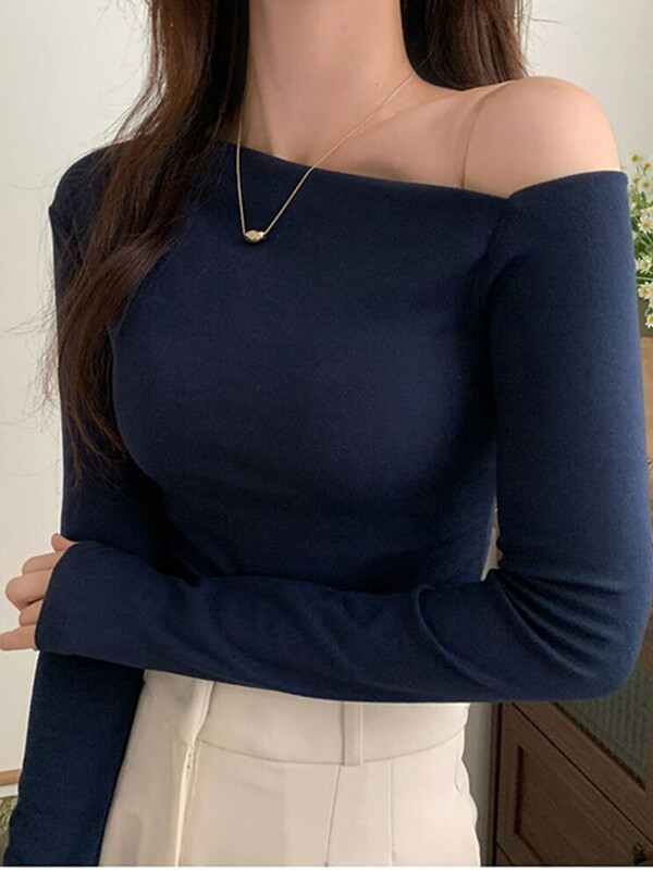 2024. gada T krekls Sieviešu garām piedurknēm no pleciem, Y2 k Vintage Topi Ielu apģērbi Korejiešu stila apgriezti topi rudens