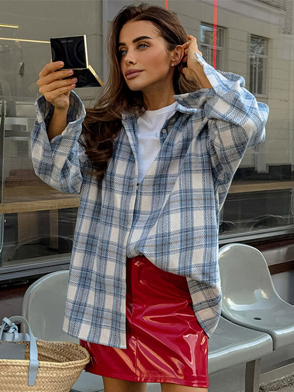 Svestrane karirane košulje na preklop Ženske ležerne široke plave jednokopčane košulje dugih rukava Ženske proljetne modne dnevne osnovne majice