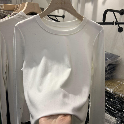 Дамско облекло, стилна блестяща тениска с дълъг ръкав, памучен пуловер, есен-зима, ежедневна дамска тениска с О-образно деколте, тънка, разнообразна, базова