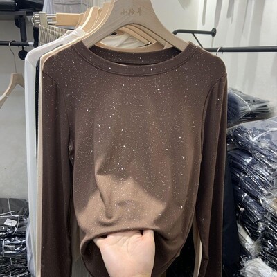 Дамско облекло, стилна блестяща тениска с дълъг ръкав, памучен пуловер, есен-зима, ежедневна дамска тениска с О-образно деколте, тънка, разнообразна, базова