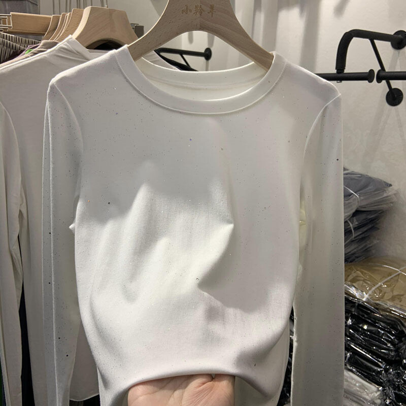 Дамско облекло, стилна блестяща тениска с дълъг ръкав, памучен пуловер, есен-зима, ежедневна дамска тениска с О-образно деколте, тънка, разнообразна, базова