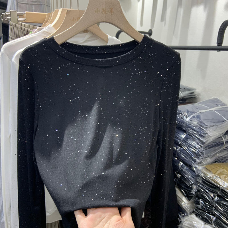 Дамско облекло, стилна блестяща тениска с дълъг ръкав, памучен пуловер, есен-зима, ежедневна дамска тениска с О-образно деколте, тънка, разнообразна, базова