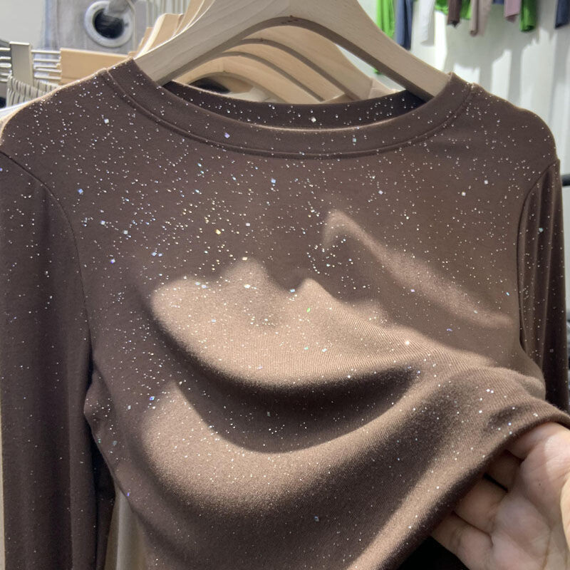 Дамско облекло, стилна блестяща тениска с дълъг ръкав, памучен пуловер, есен-зима, ежедневна дамска тениска с О-образно деколте, тънка, разнообразна, базова