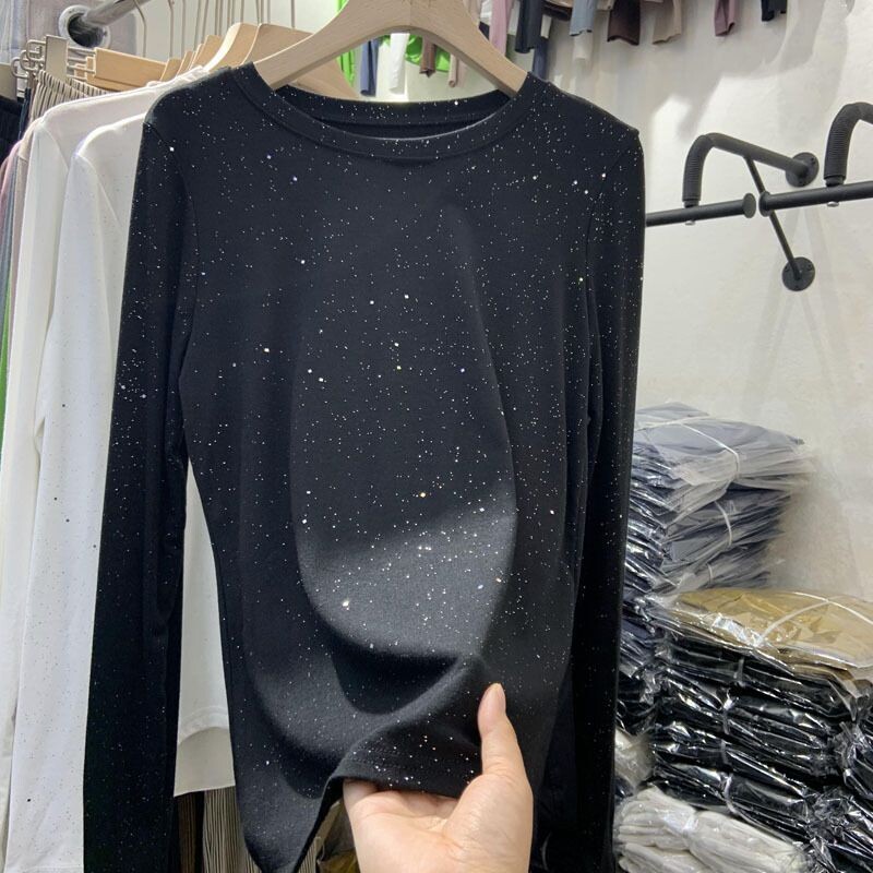 Дамско облекло, стилна блестяща тениска с дълъг ръкав, памучен пуловер, есен-зима, ежедневна дамска тениска с О-образно деколте, тънка, разнообразна, базова