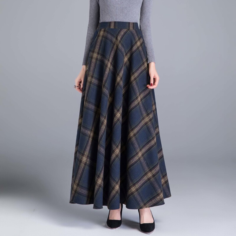 Jesensko-zimska debela vunena suknja s patentnim zatvaračem s džepovima i visokim strukom za mršavljenje, univerzalna karirana suknja A-kroja, duga suknja
