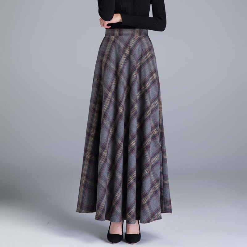 Jesensko-zimska debela vunena suknja s patentnim zatvaračem s džepovima i visokim strukom za mršavljenje, univerzalna karirana suknja A-kroja, duga suknja