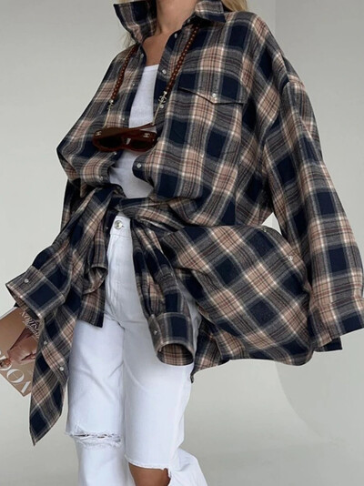 Wolfeel klasisks retro rūtains krekls sievietēm daudzpusīgs brīvs garām piedurknēm sieviešu modes ikdienas krekls jaka rudens ziema jaunums