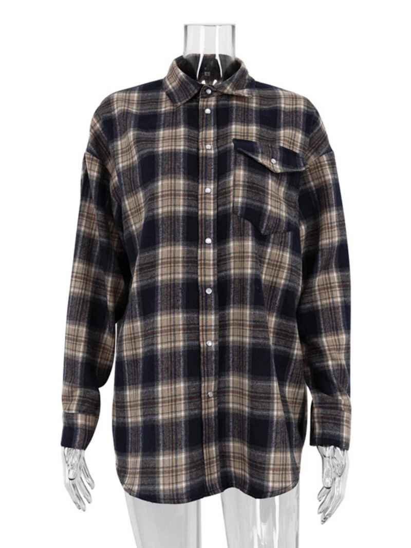 Wolfeel klasisks retro rūtains krekls sievietēm daudzpusīgs brīvs garām piedurknēm sieviešu modes ikdienas krekls jaka rudens ziema jaunums