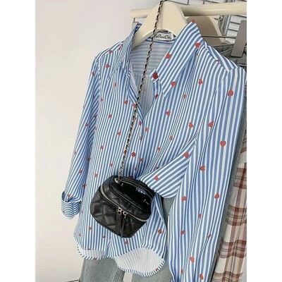 Svītraina apdruka Brīva, moderna blūze pavasara rudens polo kakla izgriezums ar garām piedurknēm Temperaments plāns krekls Topi Mode Ikdienas sieviešu apģērbi