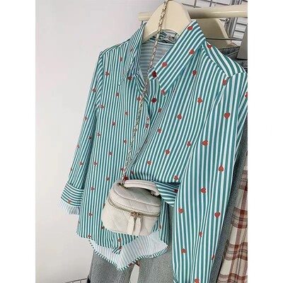 Svītraina apdruka Brīva, moderna blūze pavasara rudens polo kakla izgriezums ar garām piedurknēm Temperaments plāns krekls Topi Mode Ikdienas sieviešu apģērbi