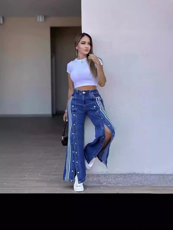 High Street Patchwork platas kājas džinsi bikses seksīgas sievietes ar augstu vidukli Eleganti ielas apģērbi džinsa ikdienišķas taisnas bikses