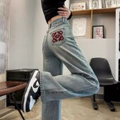 Vasaras sieviešu nacionālā vēja izšūšanas kokvilnas džinsi 2024. gada jauni gaiši, mazi, brīvi, taisni, šaura, platas kājas versija