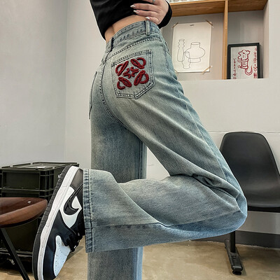 Vasaras sieviešu nacionālā vēja izšūšanas kokvilnas džinsi 2024. gada jauni gaiši, mazi, brīvi, taisni, šaura, platas kājas versija