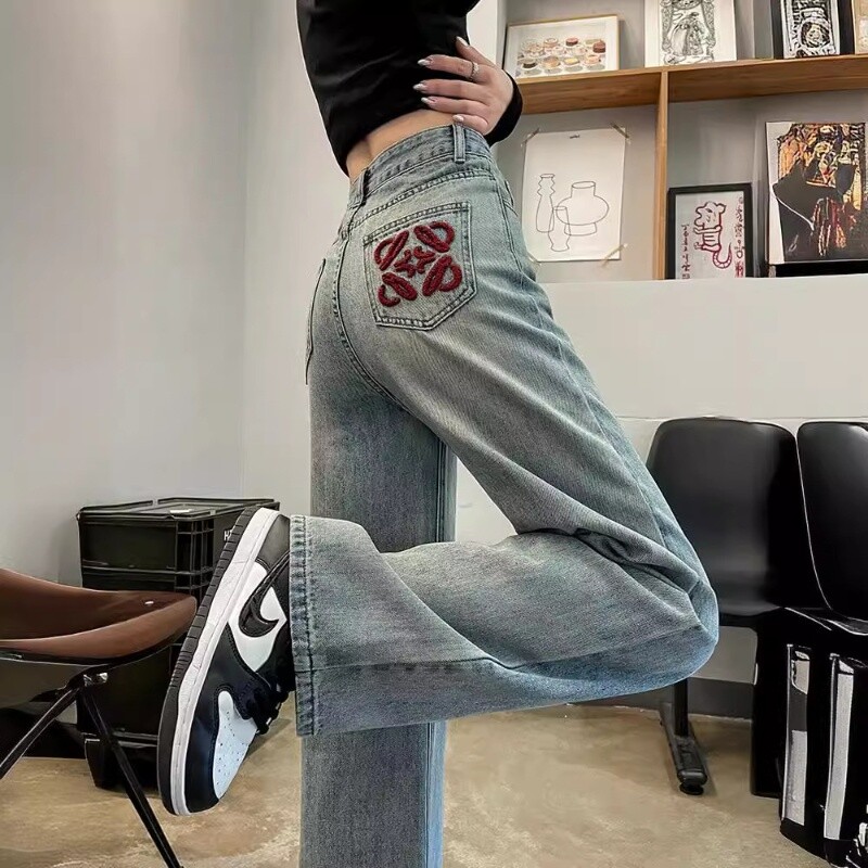 Vasaras sieviešu nacionālā vēja izšūšanas kokvilnas džinsi 2024. gada jauni gaiši, mazi, brīvi, taisni, šaura, platas kājas versija