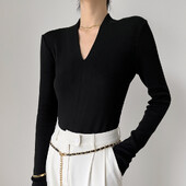 Rudens korejiešu modes Y2K T-krekls Sievietei japāņu korsetes T-krekls ar V veida kakla izgriezumu Sieviešu Seksīgs vintage krekls ar garām piedurknēm, melni balti topi