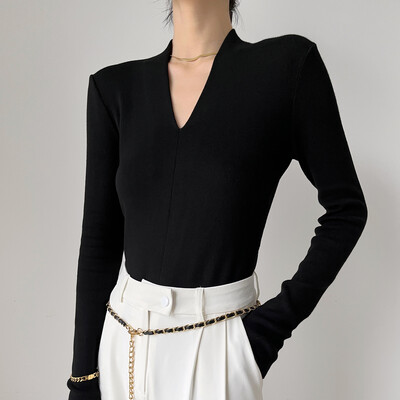 Rudens korejiešu modes Y2K T-krekls Sievietei japāņu korsetes T-krekls ar V veida kakla izgriezumu Sieviešu Seksīgs vintage krekls ar garām piedurknēm, melni balti topi