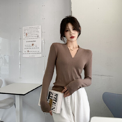 Rudens korejiešu modes Y2K T-krekls Sievietei japāņu korsetes T-krekls ar V veida kakla izgriezumu Sieviešu Seksīgs vintage krekls ar garām piedurknēm, melni balti topi